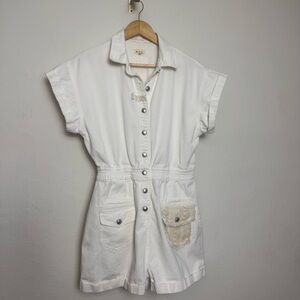 POL White Button-Up Denim Romper‎